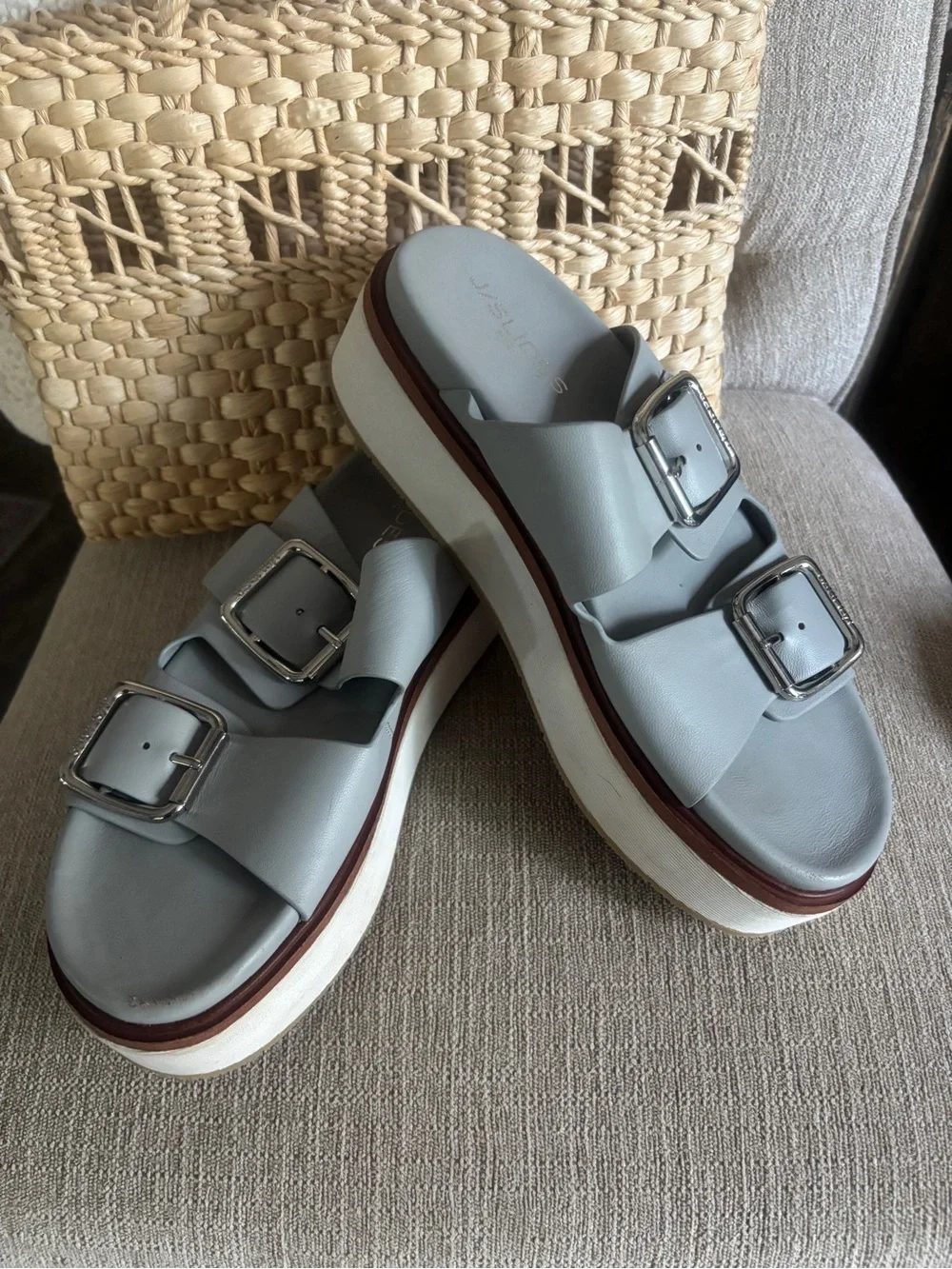 J Slides Light Gray Double-Buckle Platform Sandals with White Sole - Picture 1 of 8